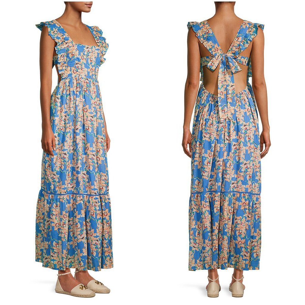 Ro's Garden Priscilla Floral Flutter Sleeve Maxi Dress Xs Open Back Blue Orange